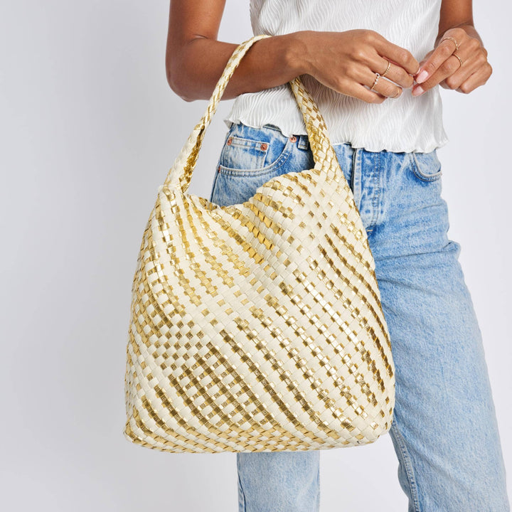 Ellery Mixed Material Woven Hobo: Gold Ivory