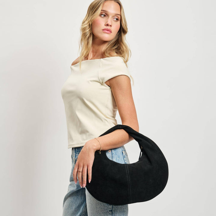 Farrah Genuine Suede Leather Hobo: Black