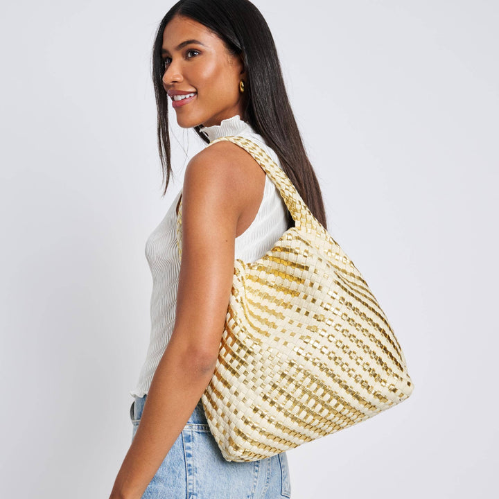 Ellery Mixed Material Woven Hobo: Gold Ivory