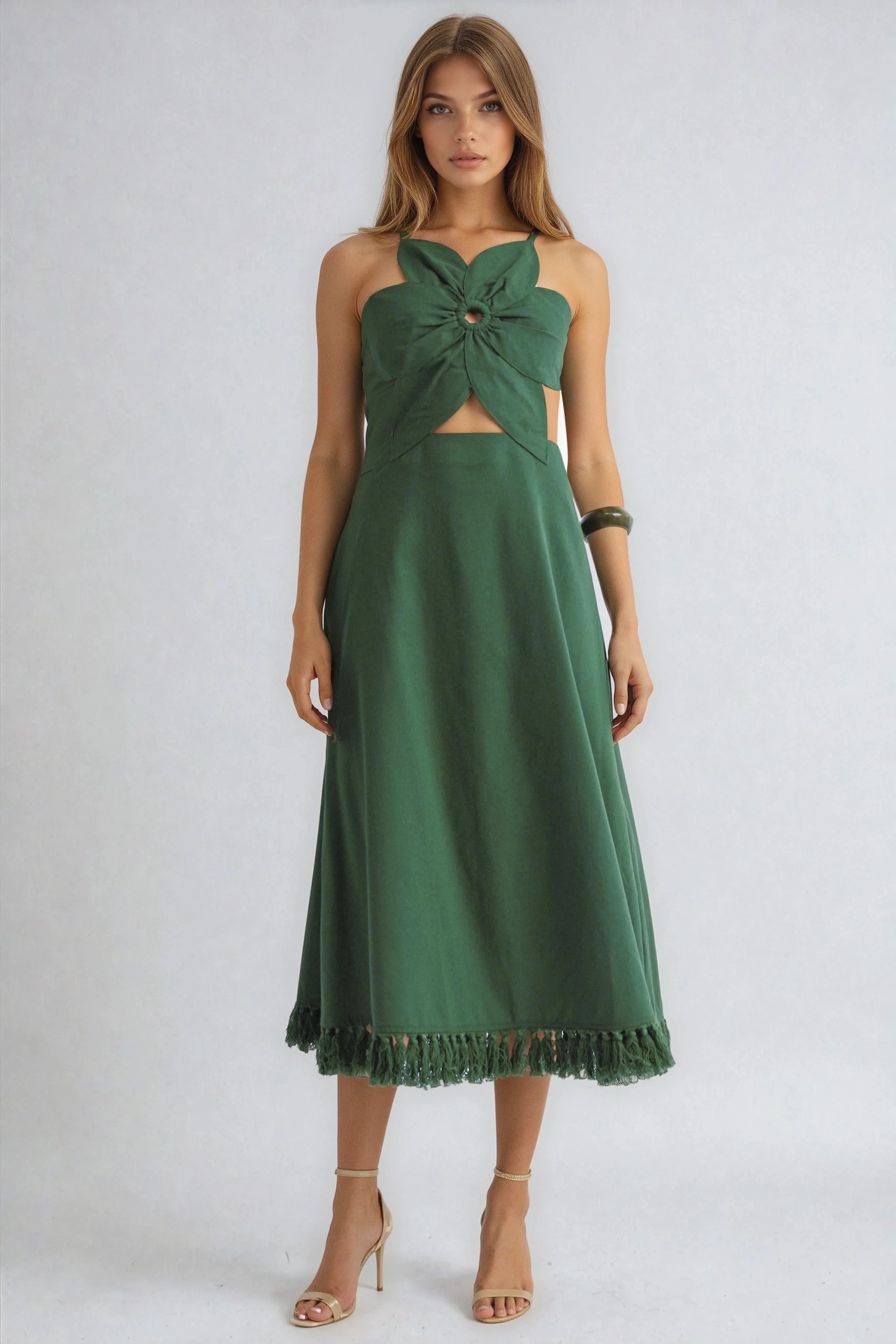 Green Floral Cutout Midi Dress with Fringe Hem and Open Back