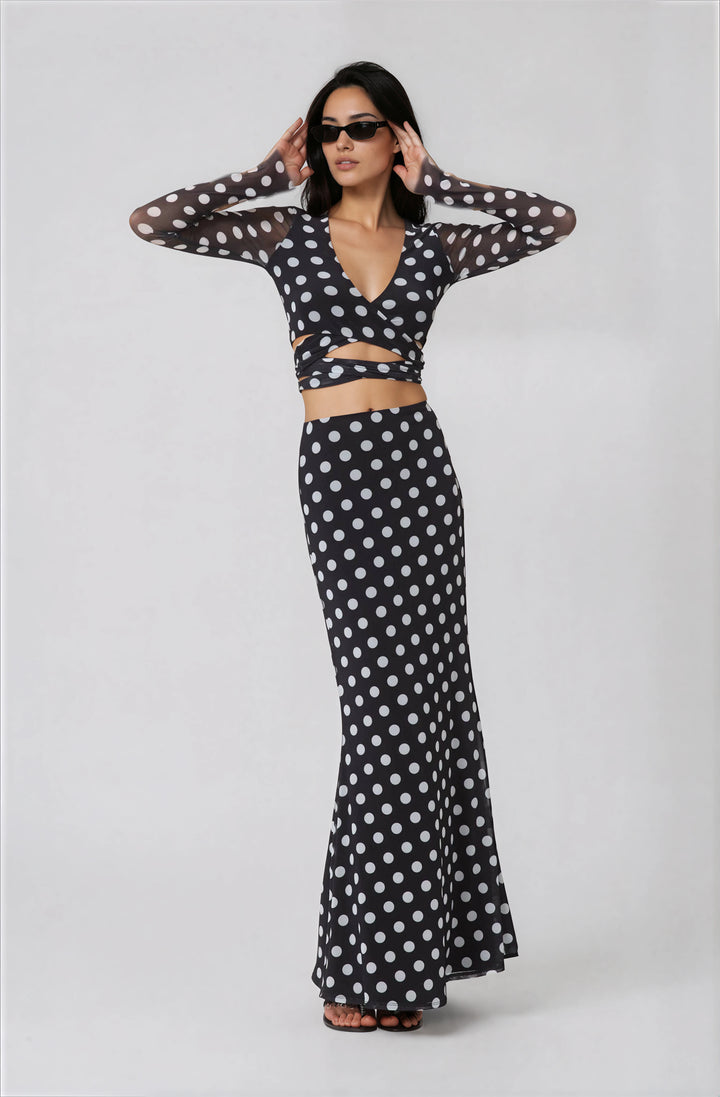 black and white polka dot mesh top with tie detail