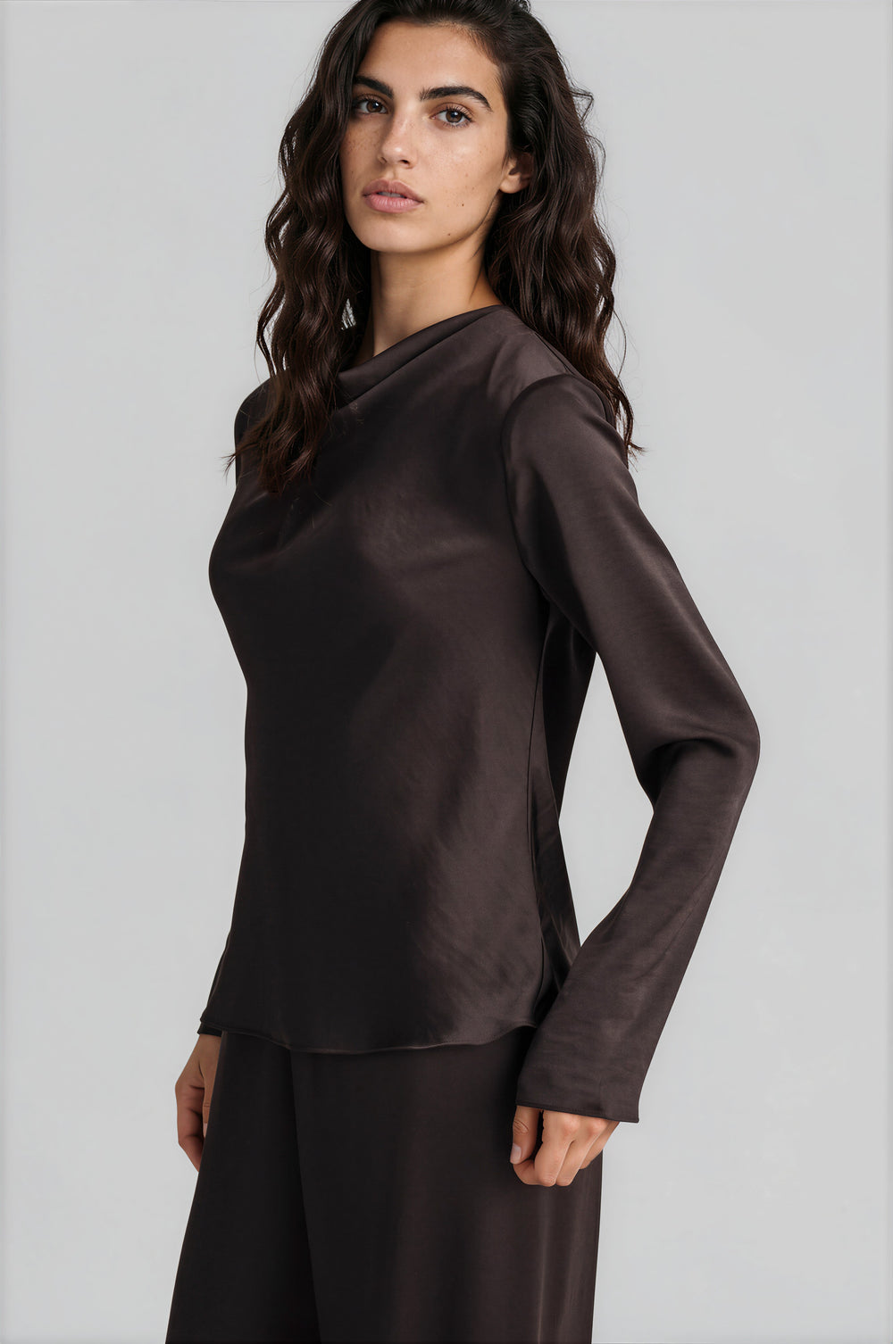 Chocolate satin cowl neck blouse with long sleeves