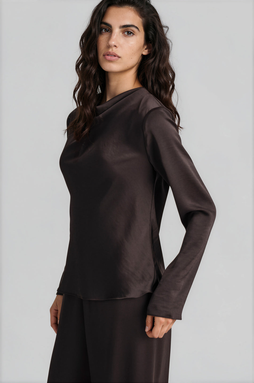 Chocolate satin cowl neck blouse with long sleeves