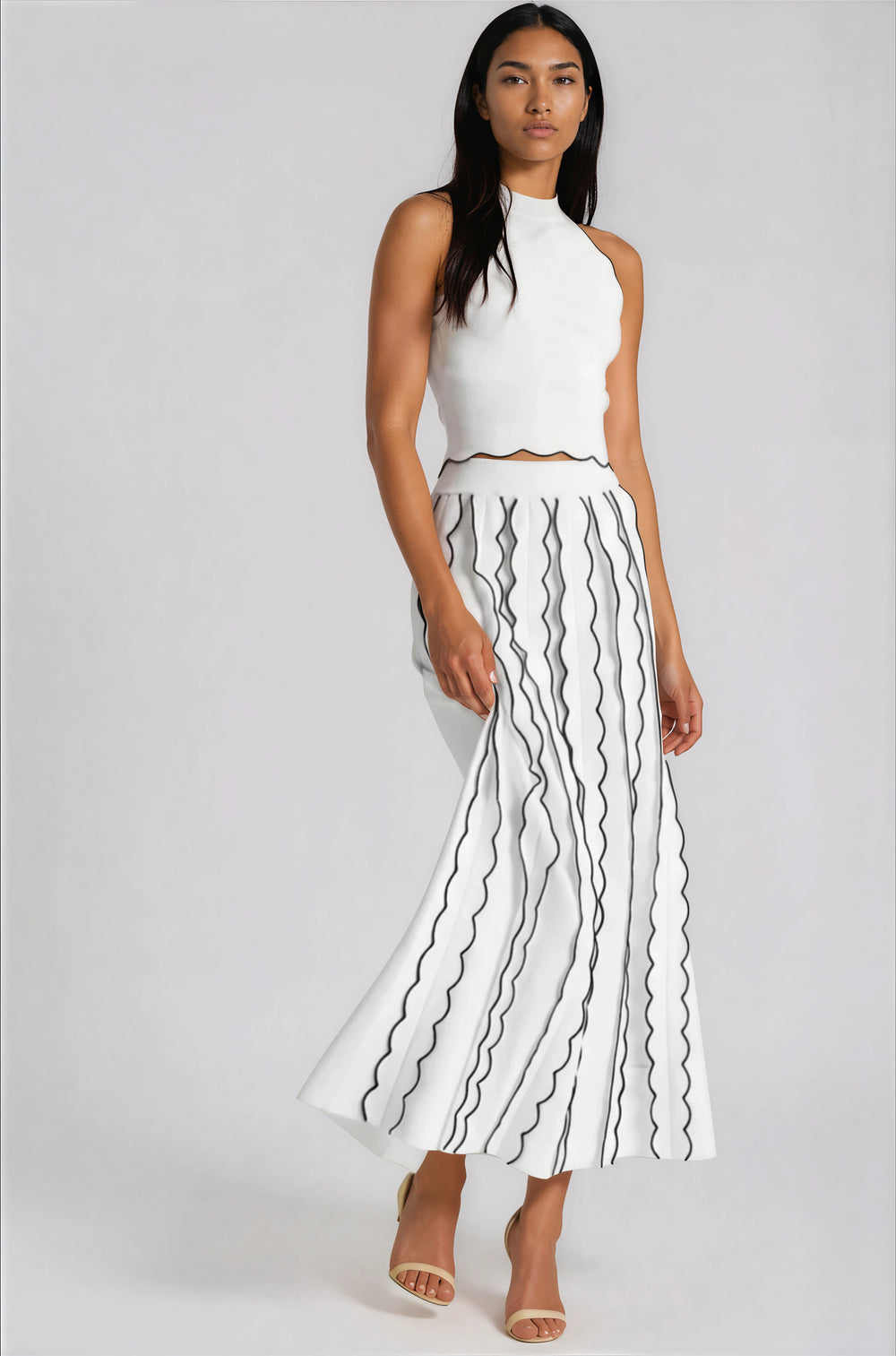 white and black matching skirt set