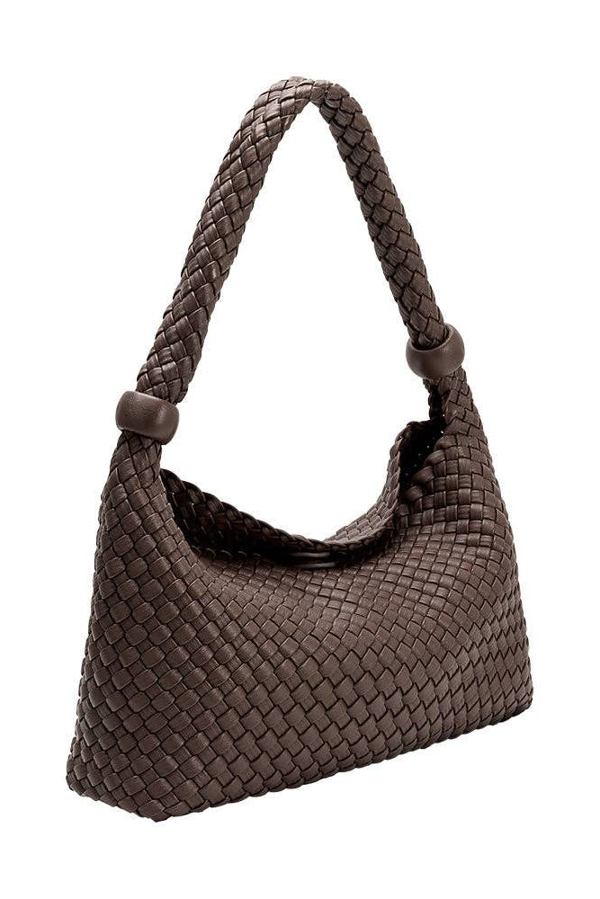 Espresso woven vegan leather shoulder bag with gold-tone hardware