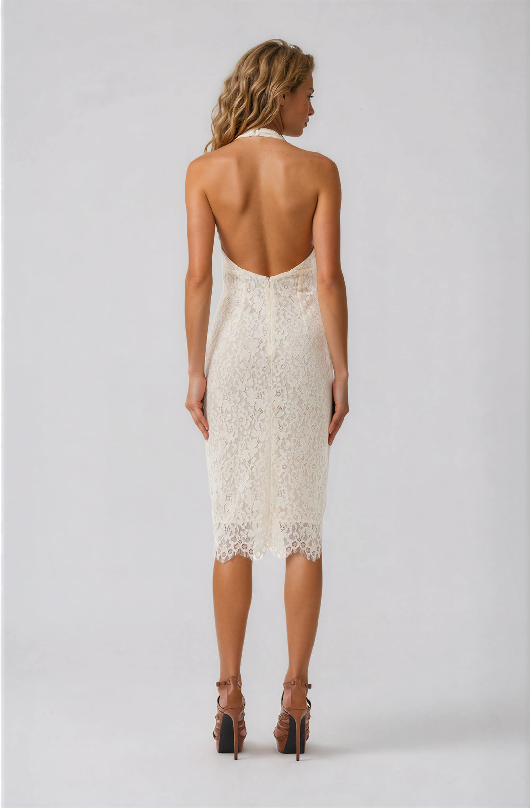 white lace halter midi dress
