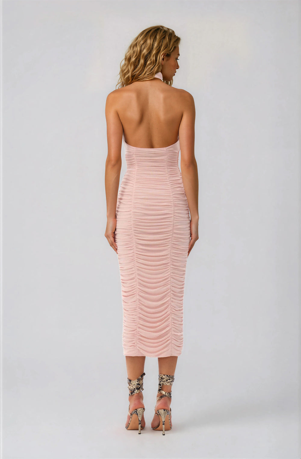 AFRM light pink midi dress with bow detail and ruched bodice back view