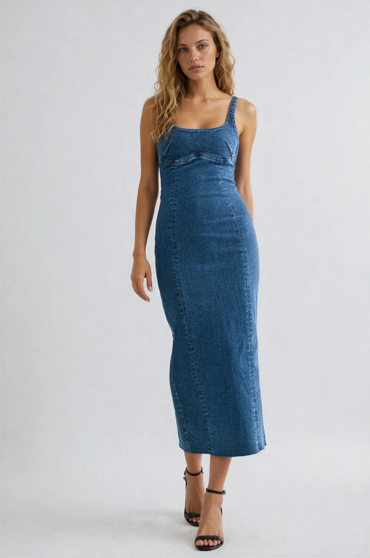 sleeveless denim fitted midi dress for summer