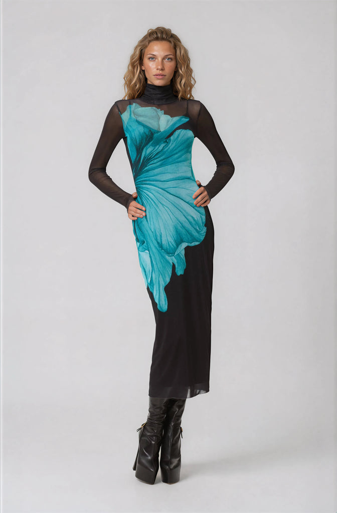 afrm shailene dress black Sheer Mesh Bodycon Midi in and Teal – The Salient Collection Afrm brand Sizes:0 SASSAFRAS Print Short Sleeve A 96% Polyester