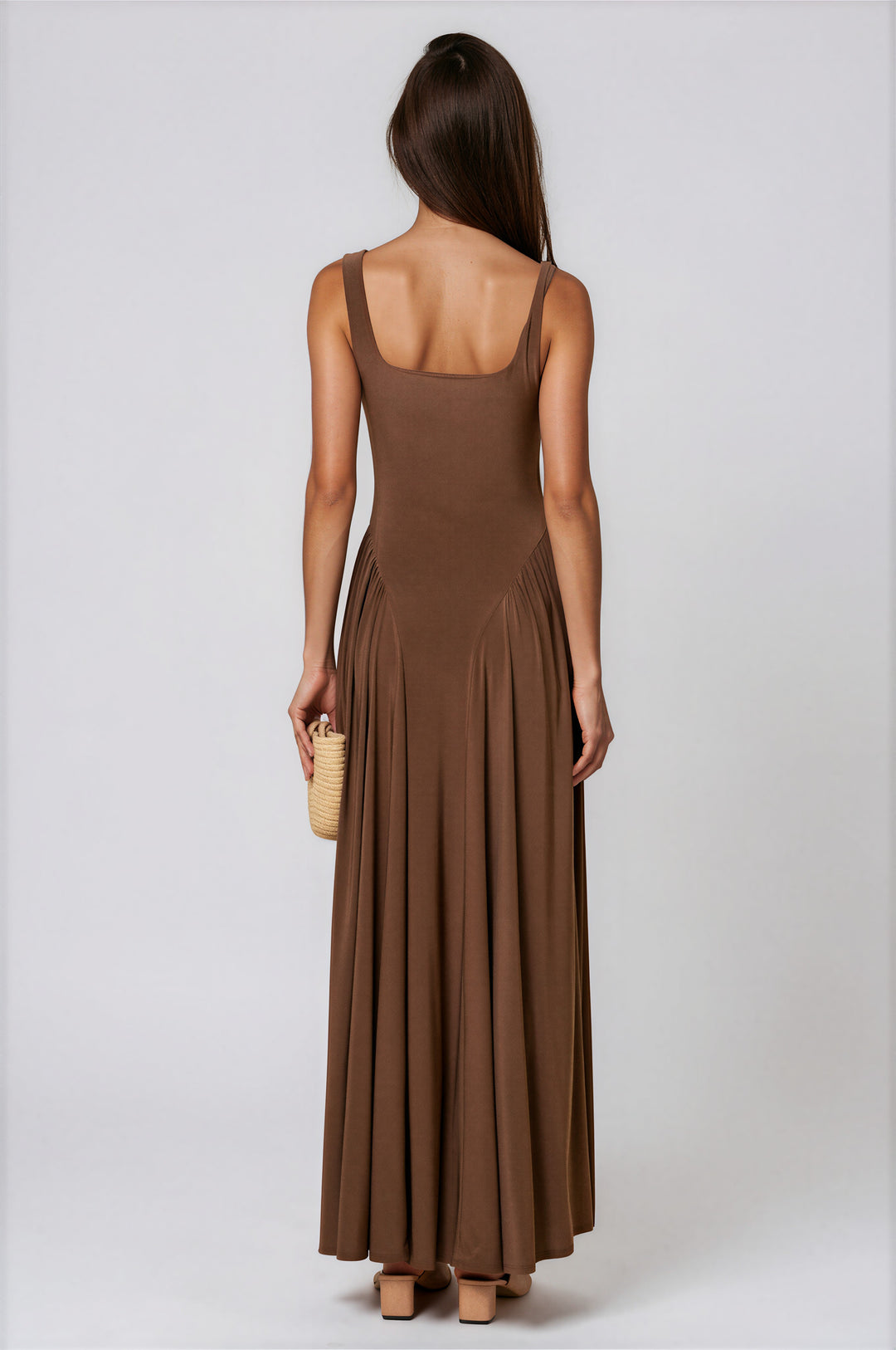 Brown square-neck jersey maxi dress with flowing drop-waist skirt