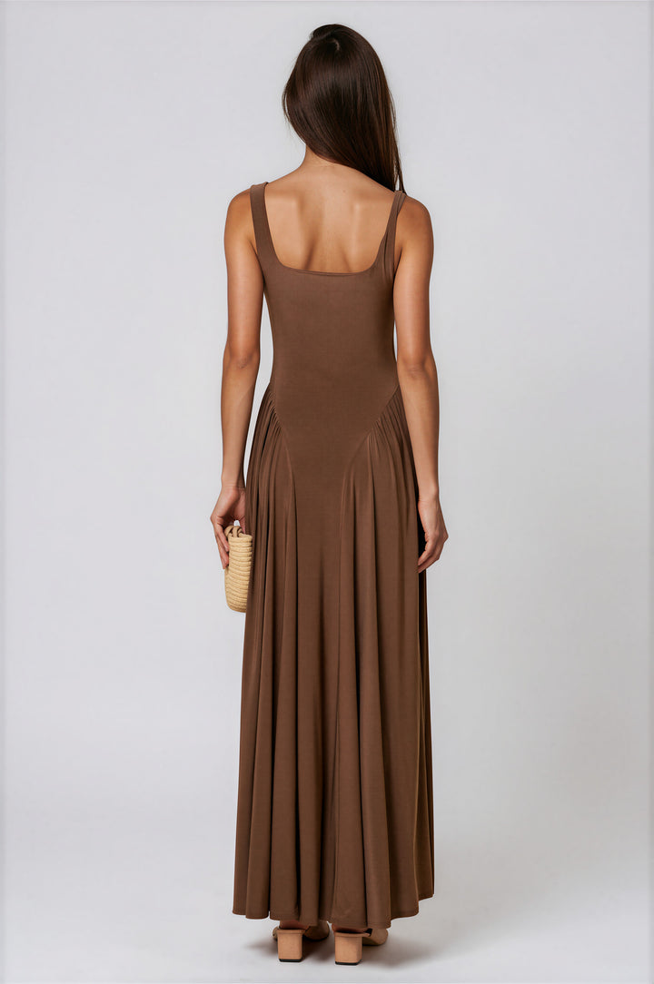 Brown square-neck jersey maxi dress with flowing drop-waist skirt