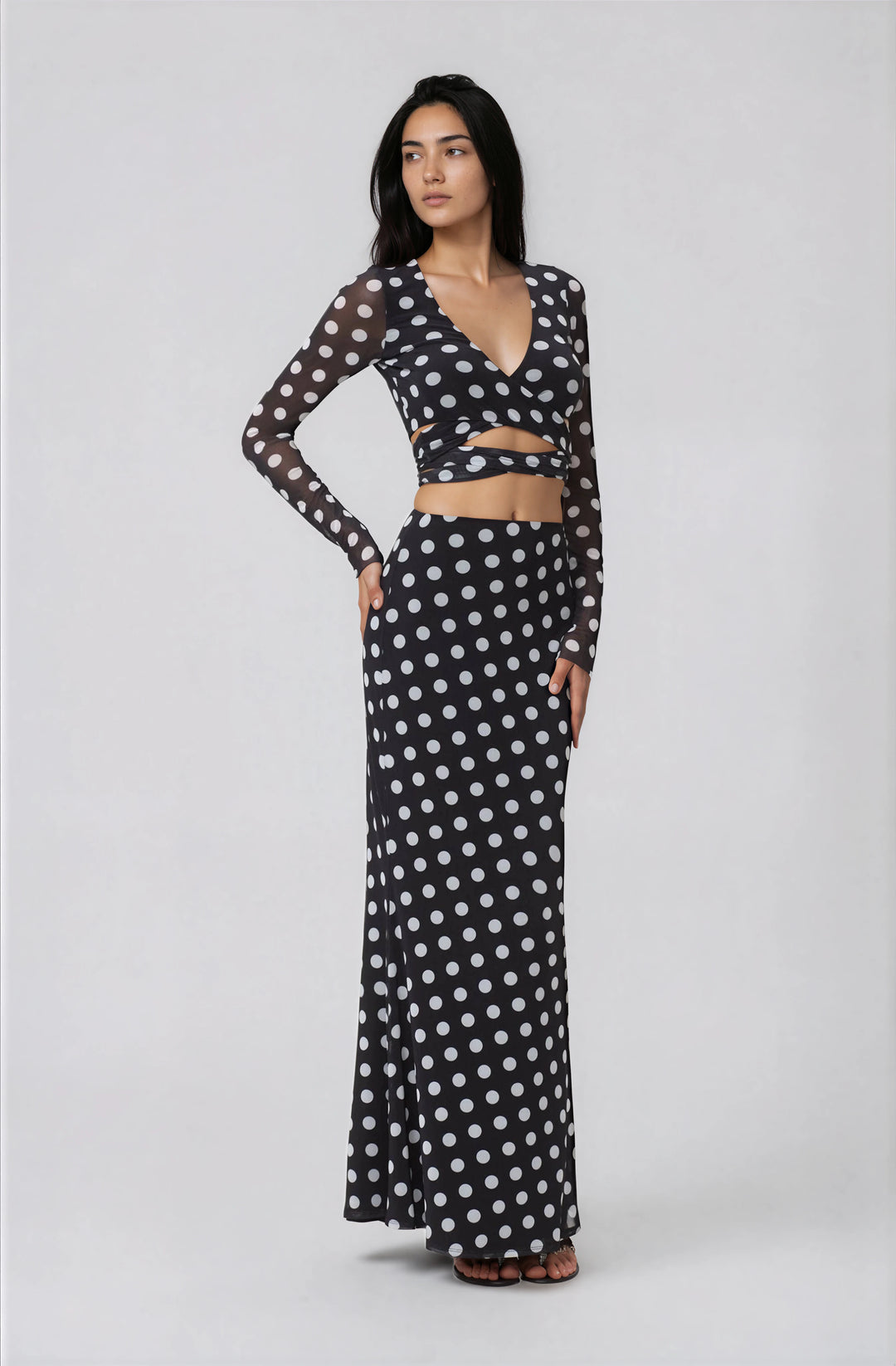 black and white polka dot mesh maxi skirt