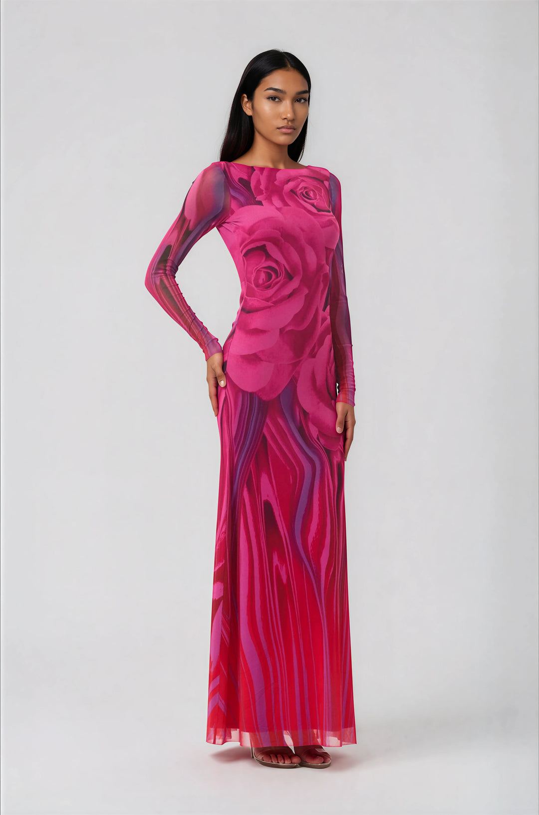 pink floral long sleeve maxi dress with low back
