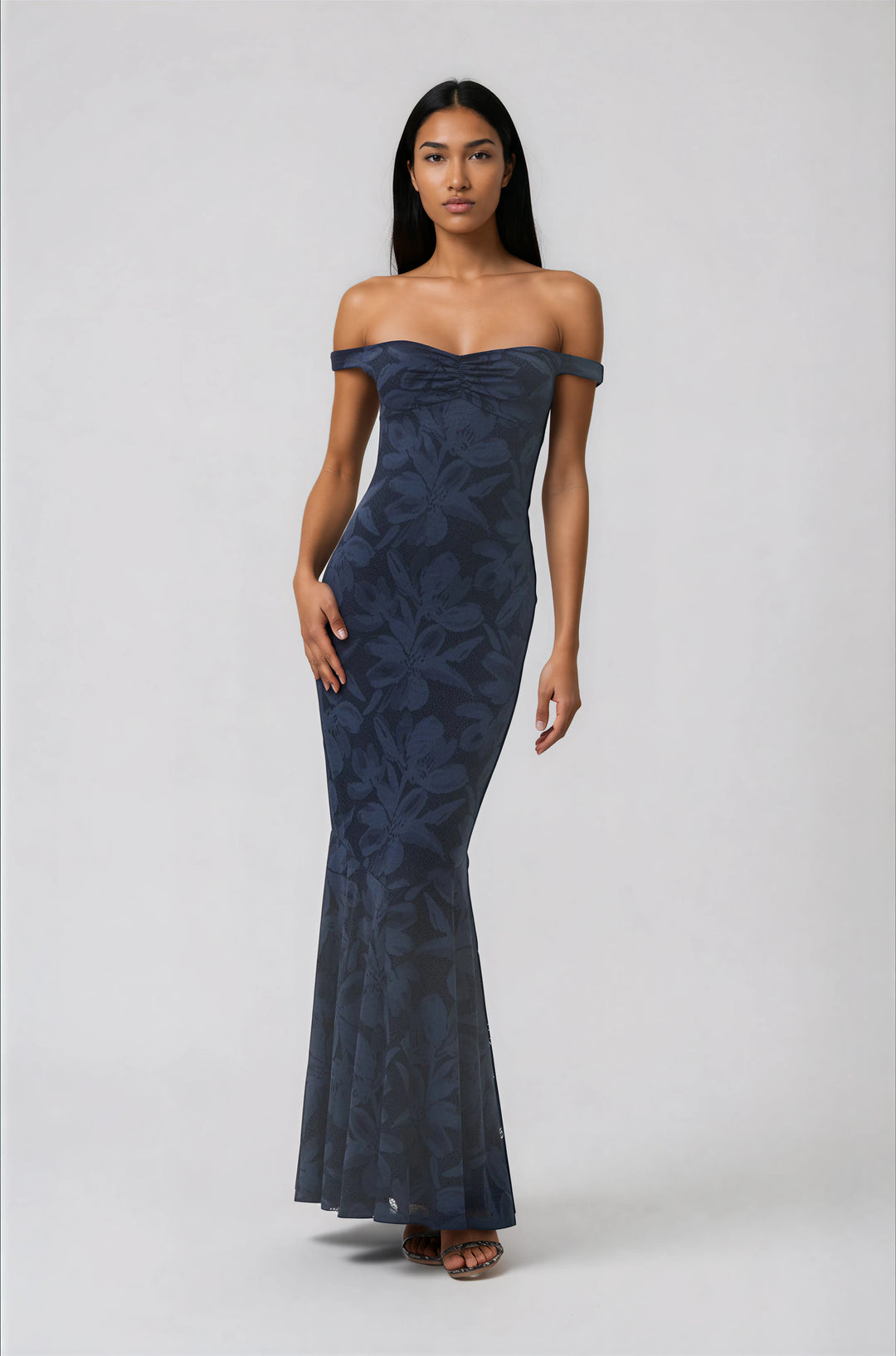 blue floral off shoulder maxi dress with mermaid skirt