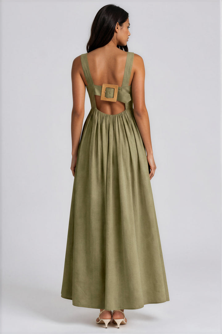 Back view of olive green maxi dress with open cutout and woven buckle bow straps