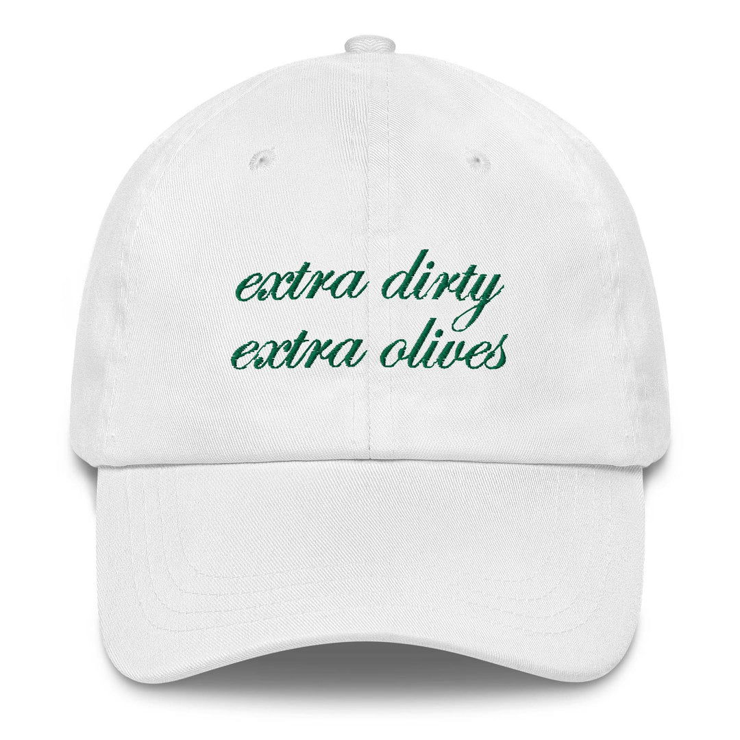 White cap with green text 'extra dirty extra olives' on a white background