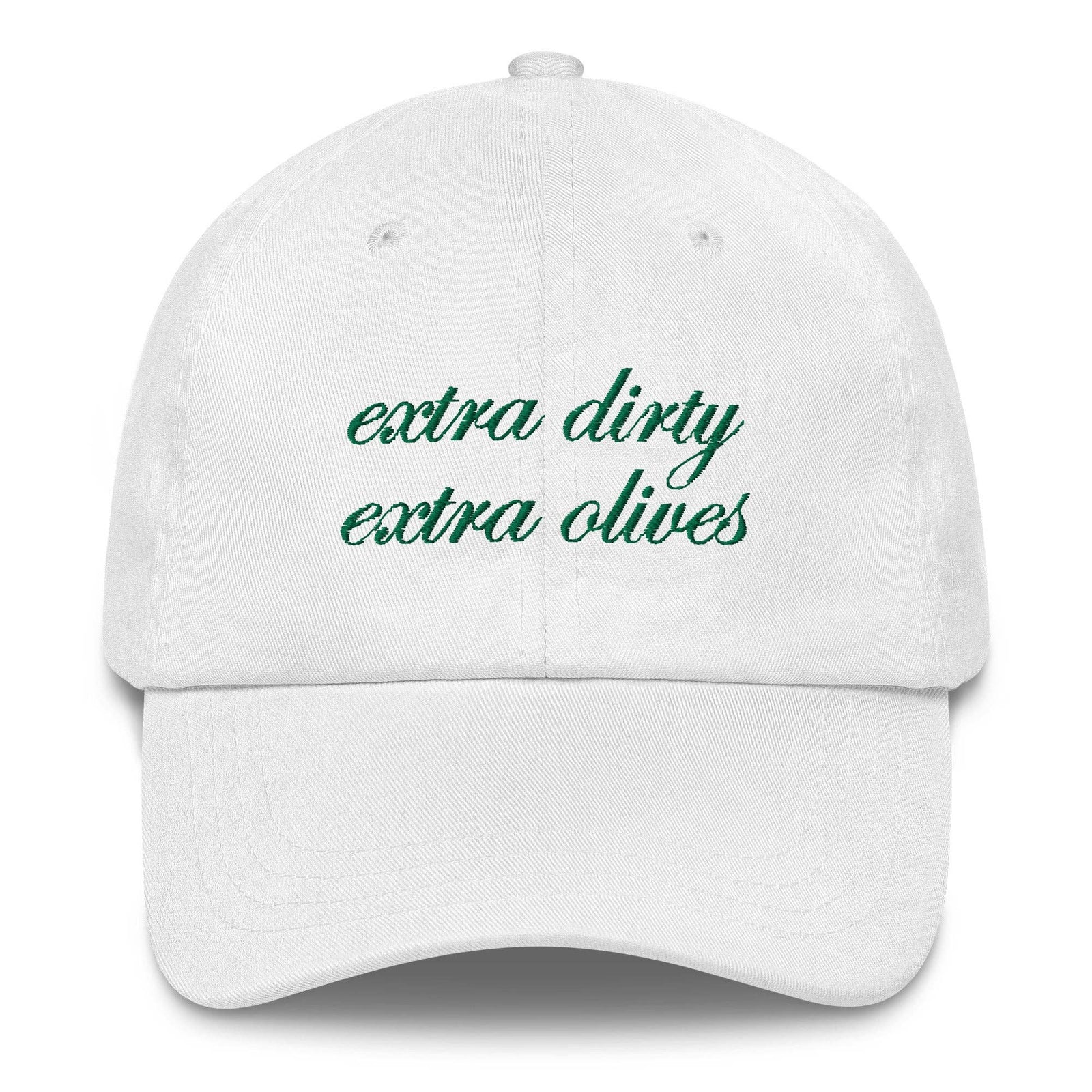 White cap with green text 'extra dirty extra olives' on a white background