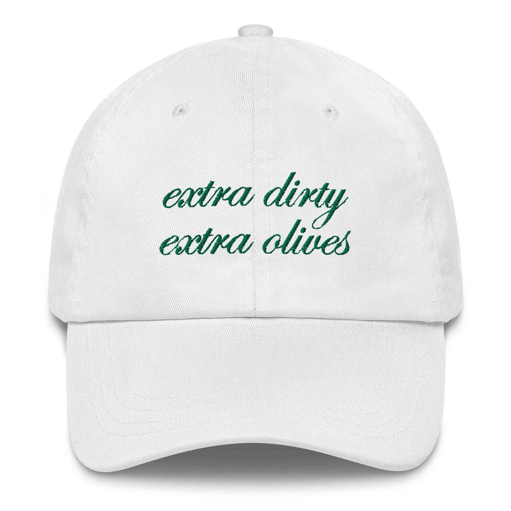 White cap with green text 'extra dirty extra olives' on a white background
