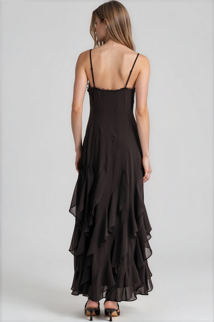 Chocolate georgette maxi dress with a high-low ruffle hem, detail