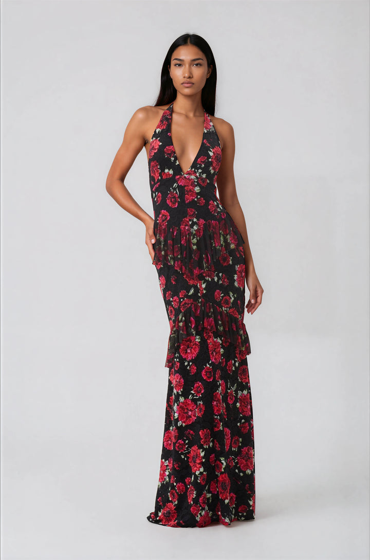 red and black halter maxi dress with floral pattern and ruffle detail