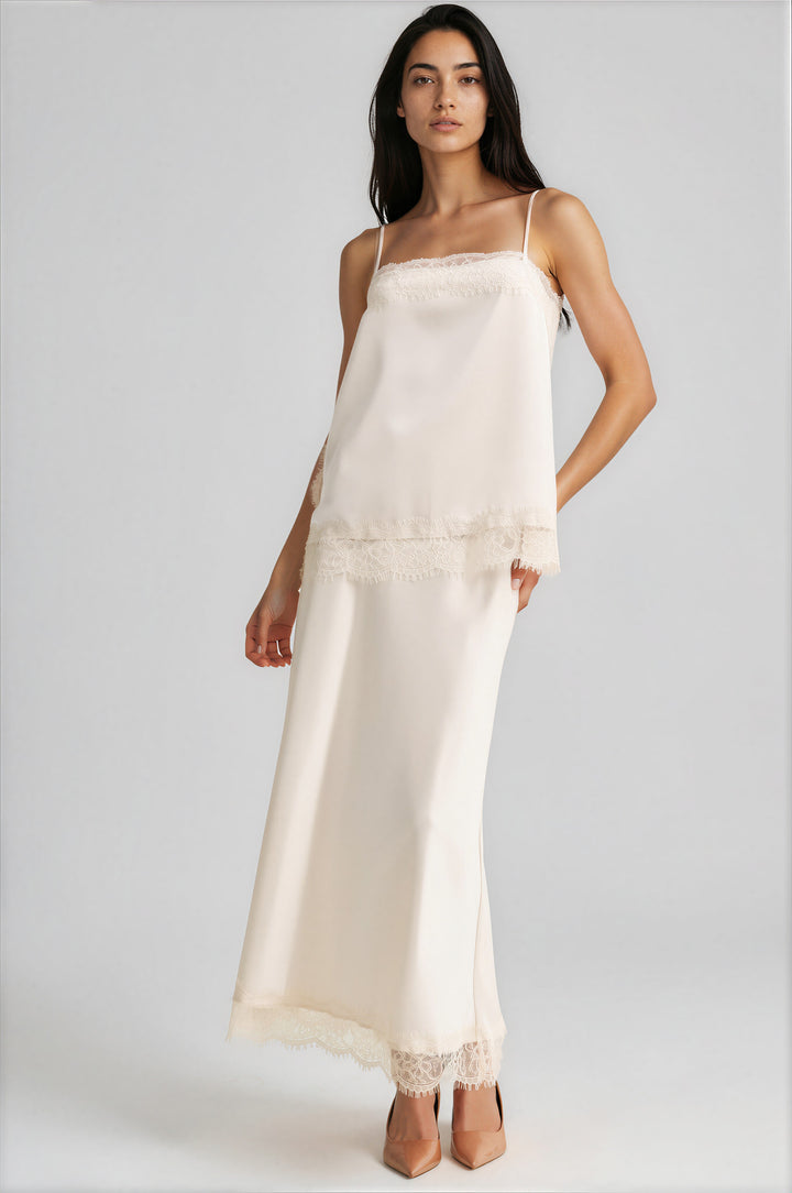 Off white satin camisole with a lace hem, detail