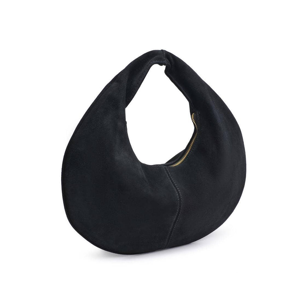 Black handbag with a gold zipper on a white background
