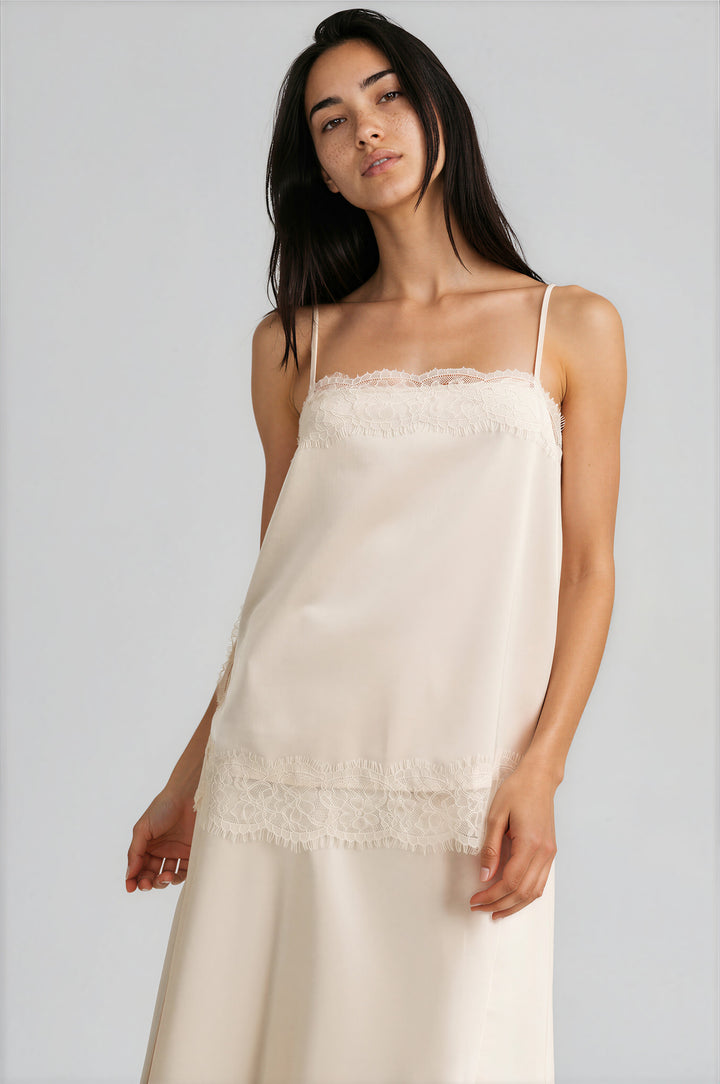 Off white satin camisole with a square neckline and scalloped lace trim, front view