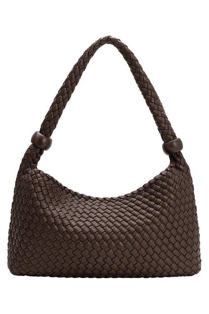Espresso recycled vegan leather shoulder bag with a relaxed woven silhouette