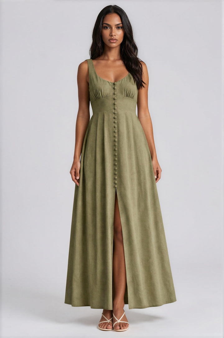 Woman wearing olive green sleeveless maxi dress with button front and scoop neckline