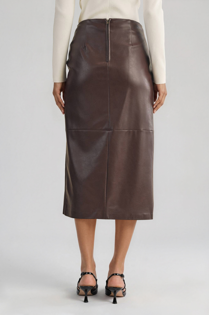 Brown vegan leather wrap skirt with a high front slit, detail view #color_brown