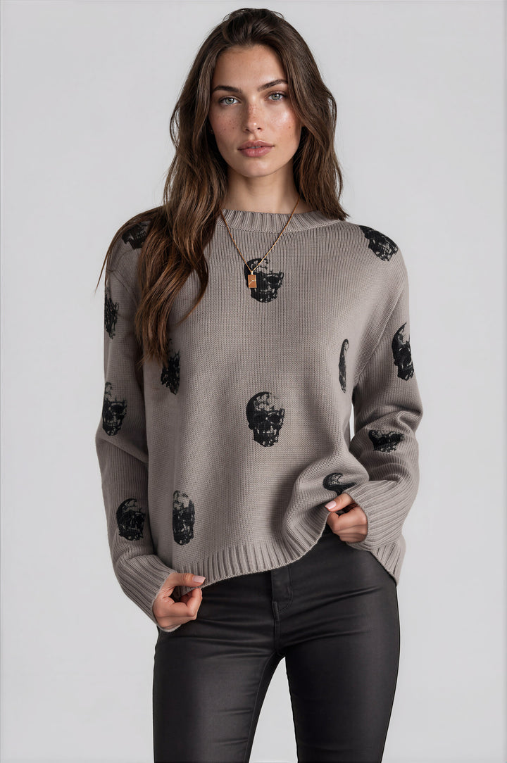 Gray relaxed-fit skull print sweater with ribbed cuffs