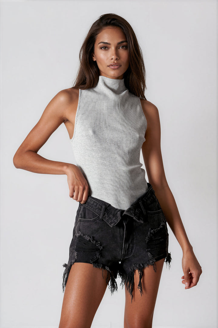 Black distressed high-rise denim shorts with flip waistband and frayed hem
