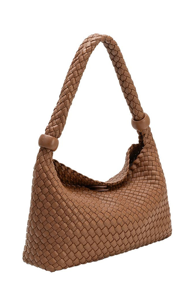 Saddle woven vegan leather shoulder bag with gold-tone hardware