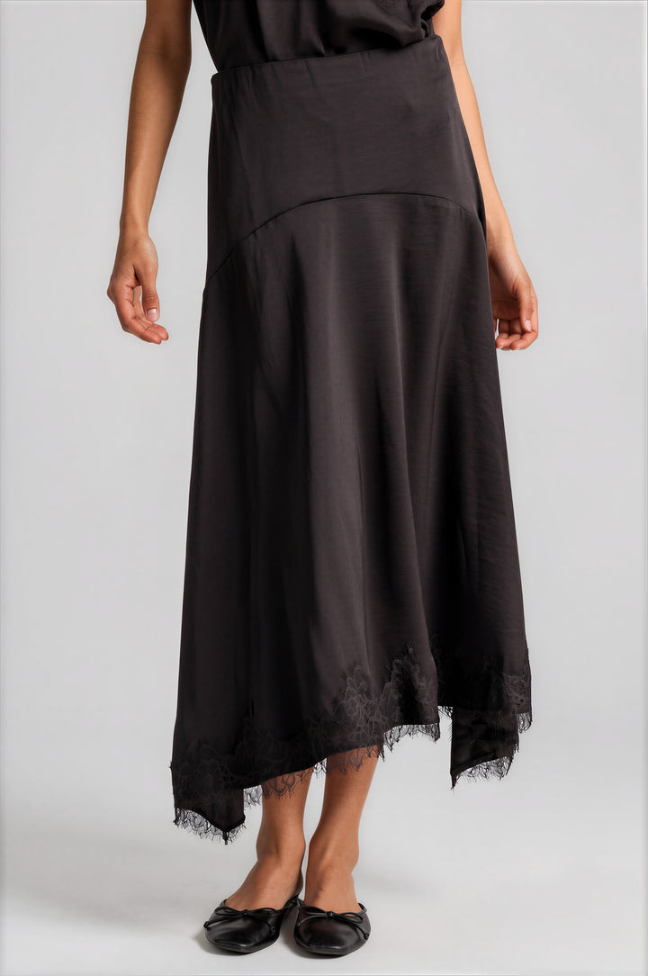 Chocolate bias-cut satin skirt with a handkerchief hem