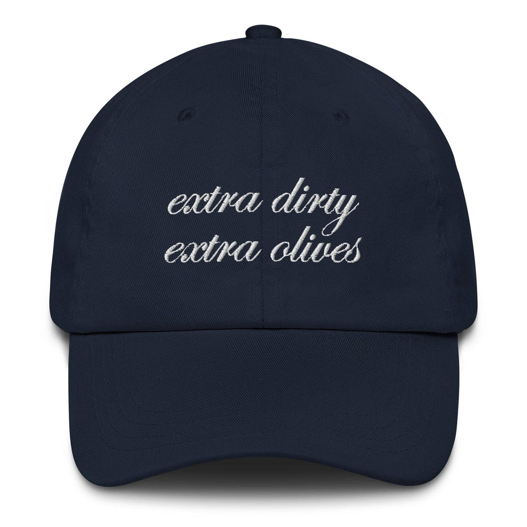 Navy blue cap with 'extra dirty extra olives' text on a white background
