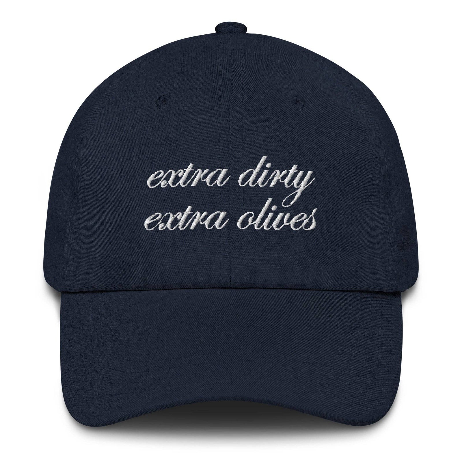 Navy blue cap with 'extra dirty extra olives' text on a white background
