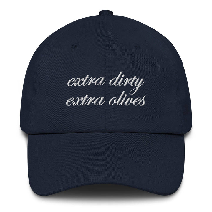 Navy blue cap with 'extra dirty extra olives' text on a white background