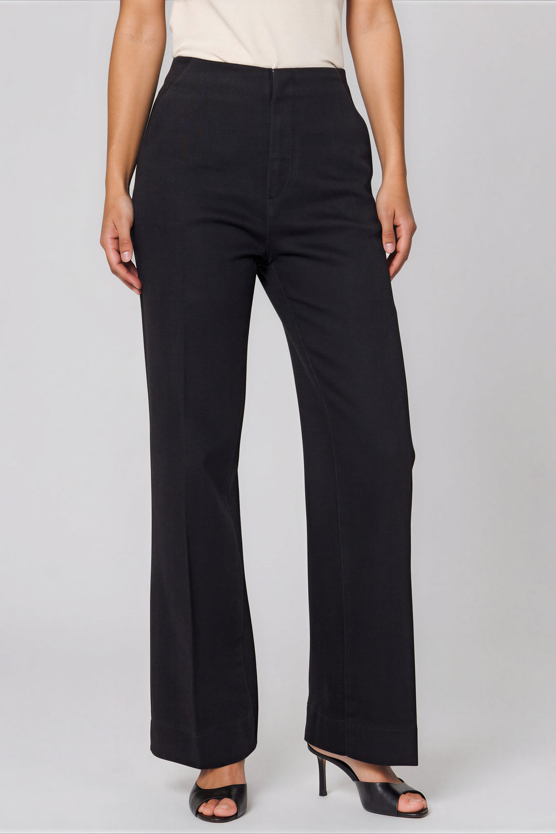 Black cropped flare jeans with front slant pockets