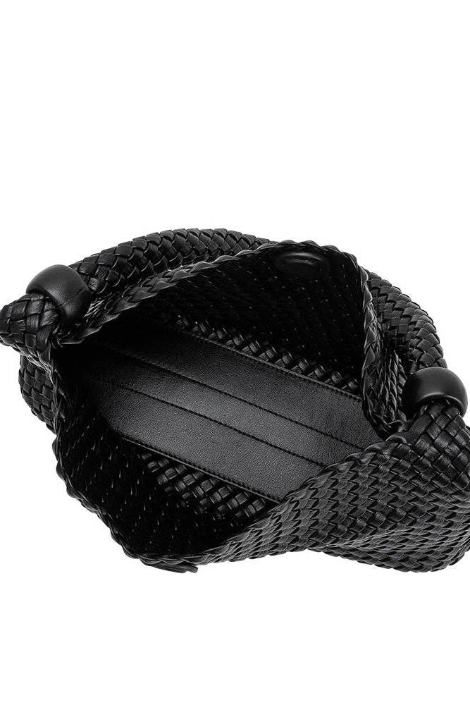 Black woven vegan leather shoulder bag with a removable zip pouch