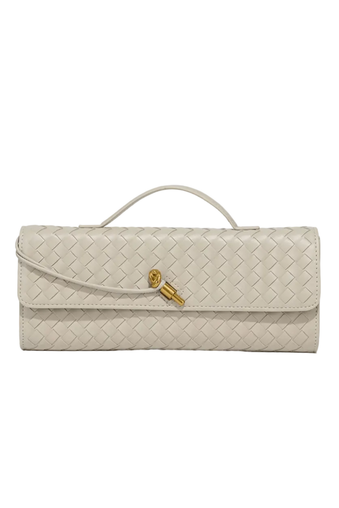 Beige handwoven baguette clutch handbag with gold twist lock