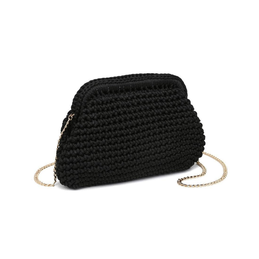 Black woven handbag with a gold chain on a white background