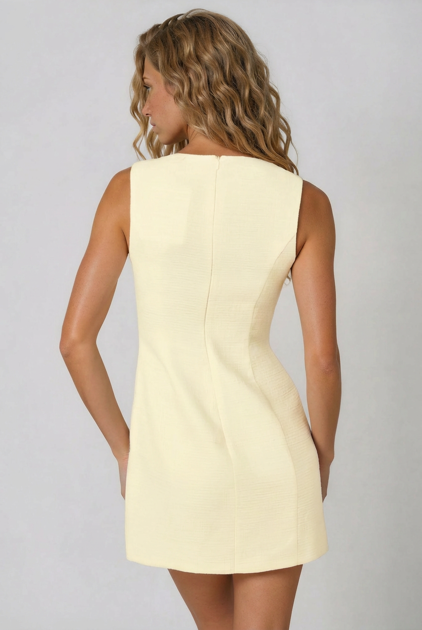 Pale Yellow Tweed Mini Dress with Cutouts