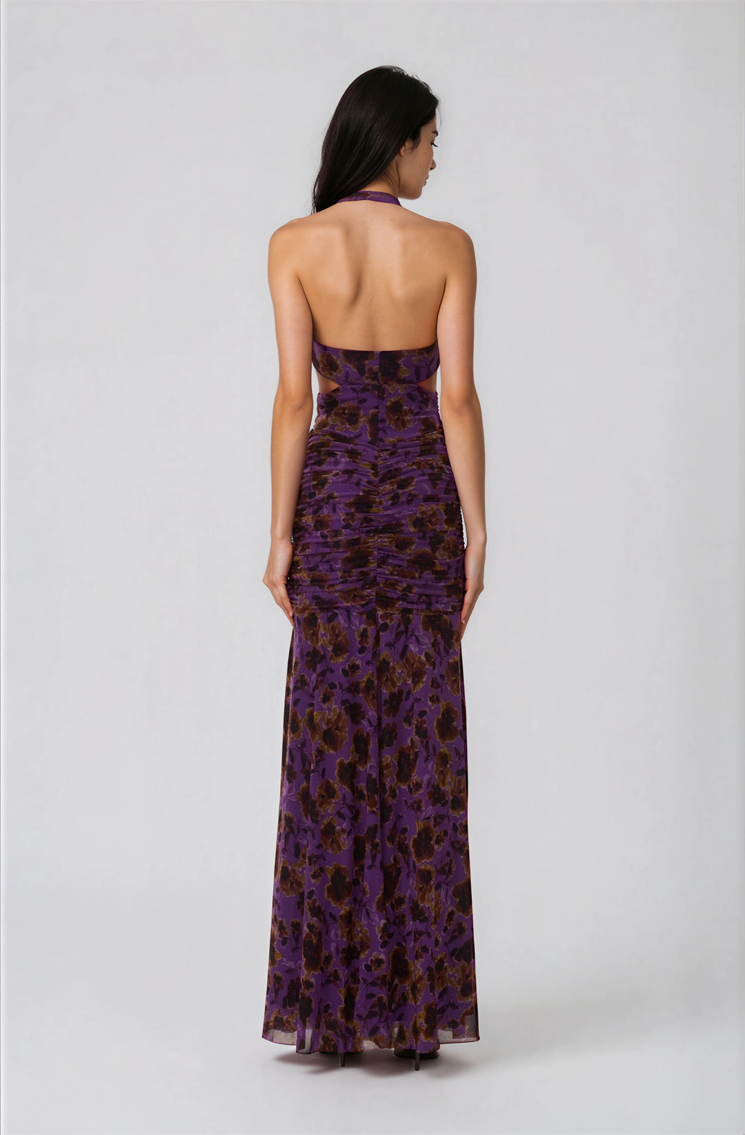 purple halter maxi dress with cutout detail