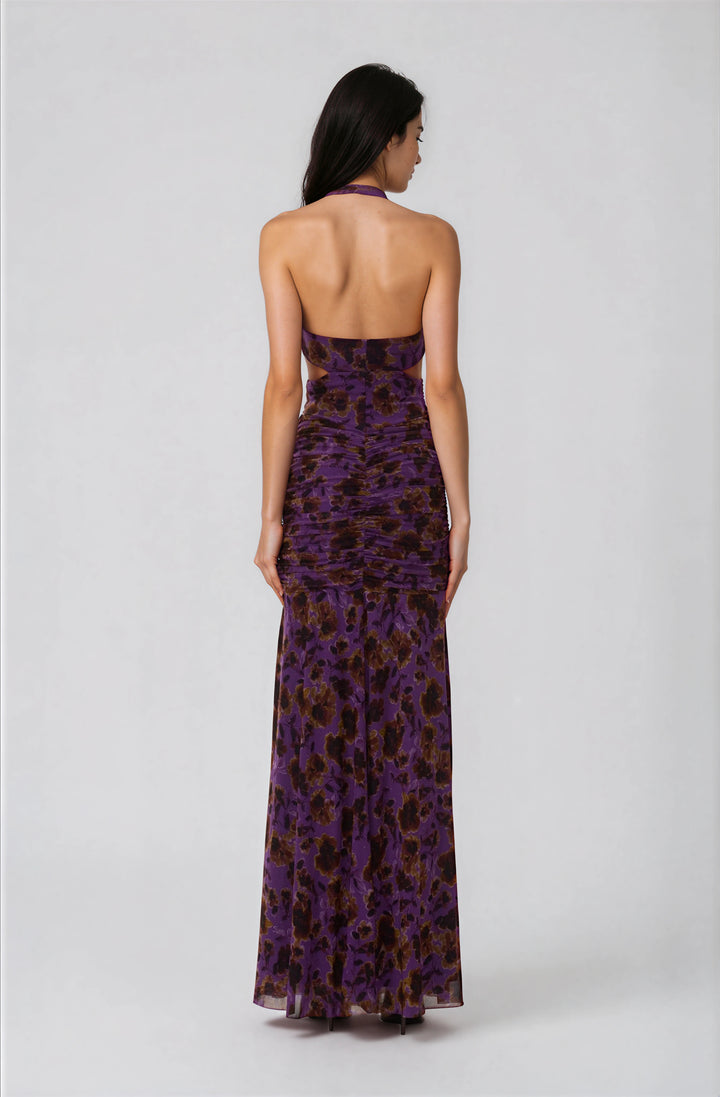 purple halter maxi dress with cutout detail