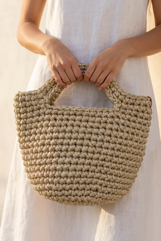 Twyla Gold Crochet Top Handle Bag, detail of chunky hand-crocheted texture