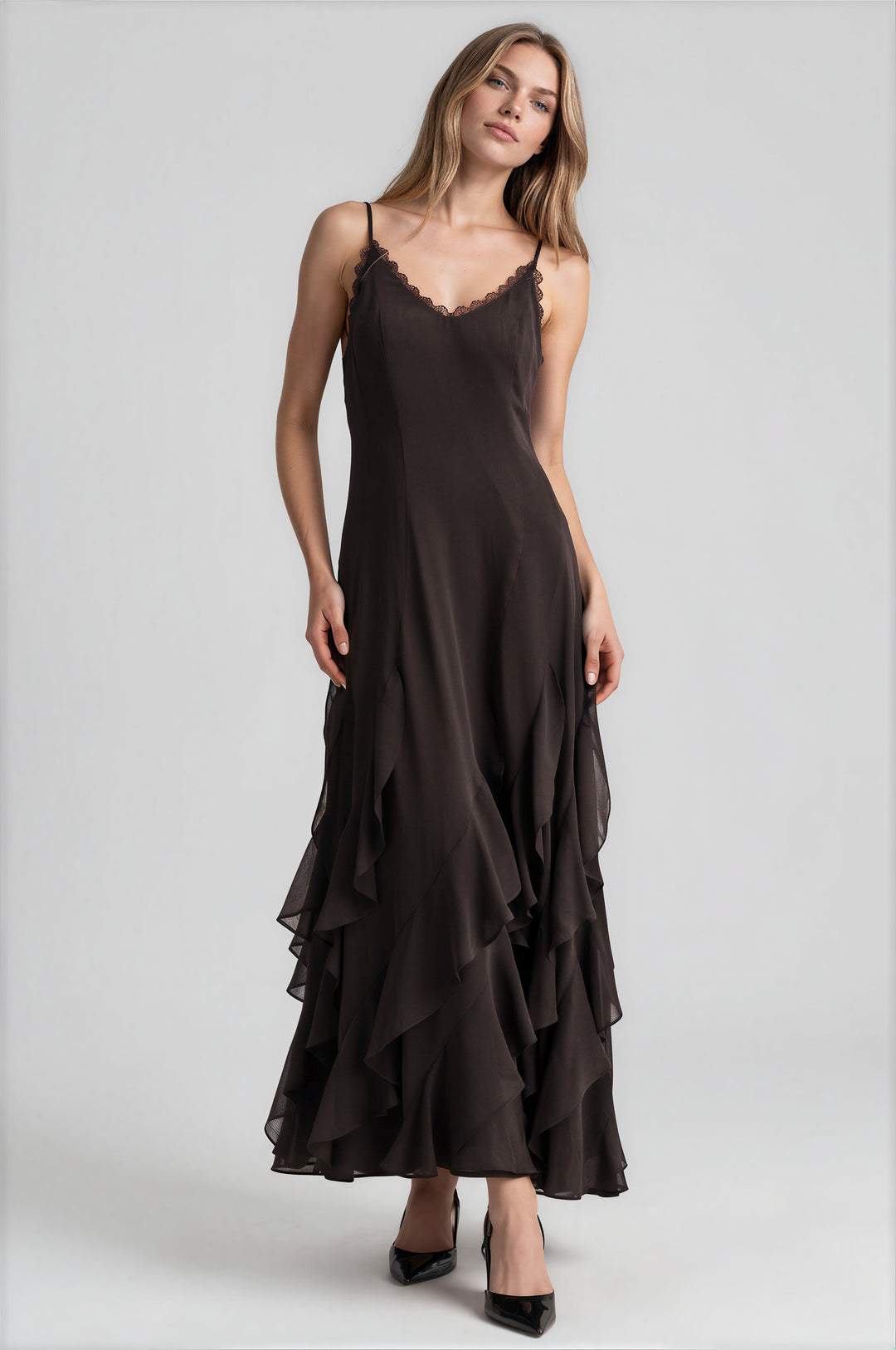 Chocolate georgette ruffled maxi slip dress with a deep V-neckline, front view