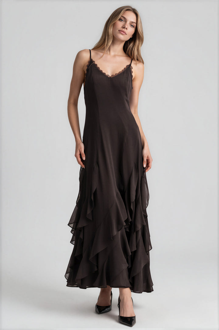 Chocolate georgette ruffled maxi slip dress with a deep V-neckline, front view