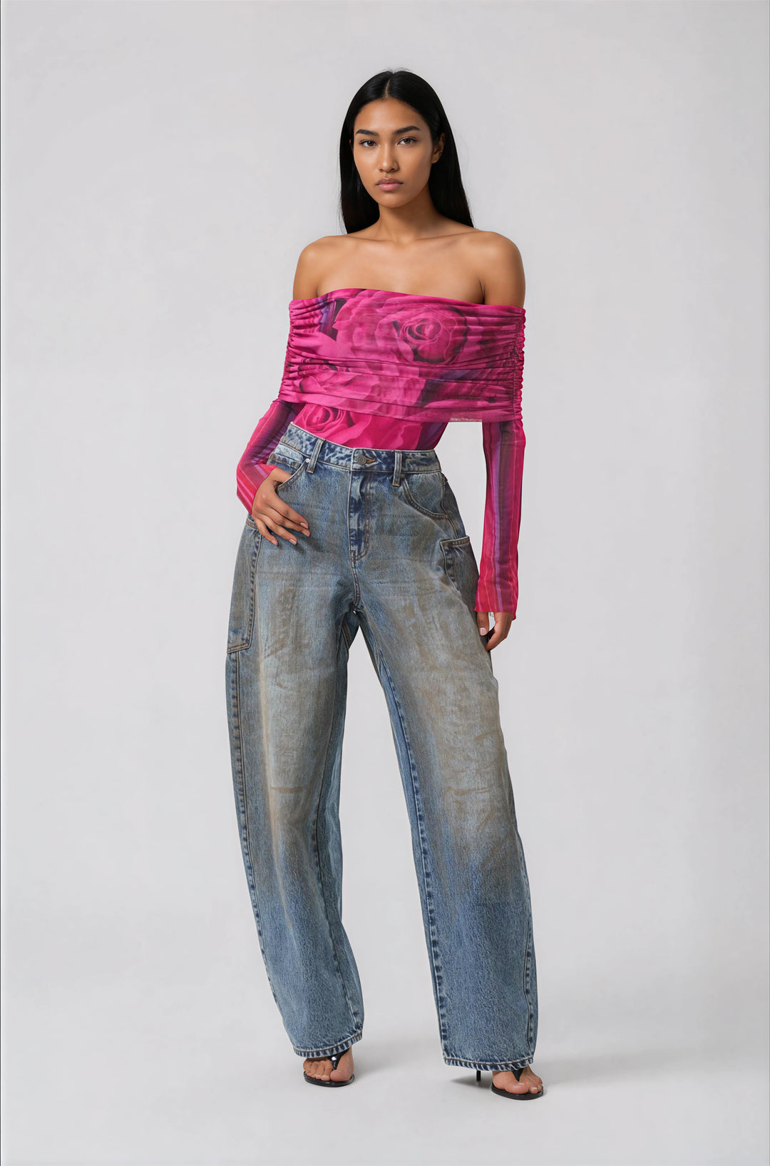 pink floral off shoulder long sleeve bodysuit
