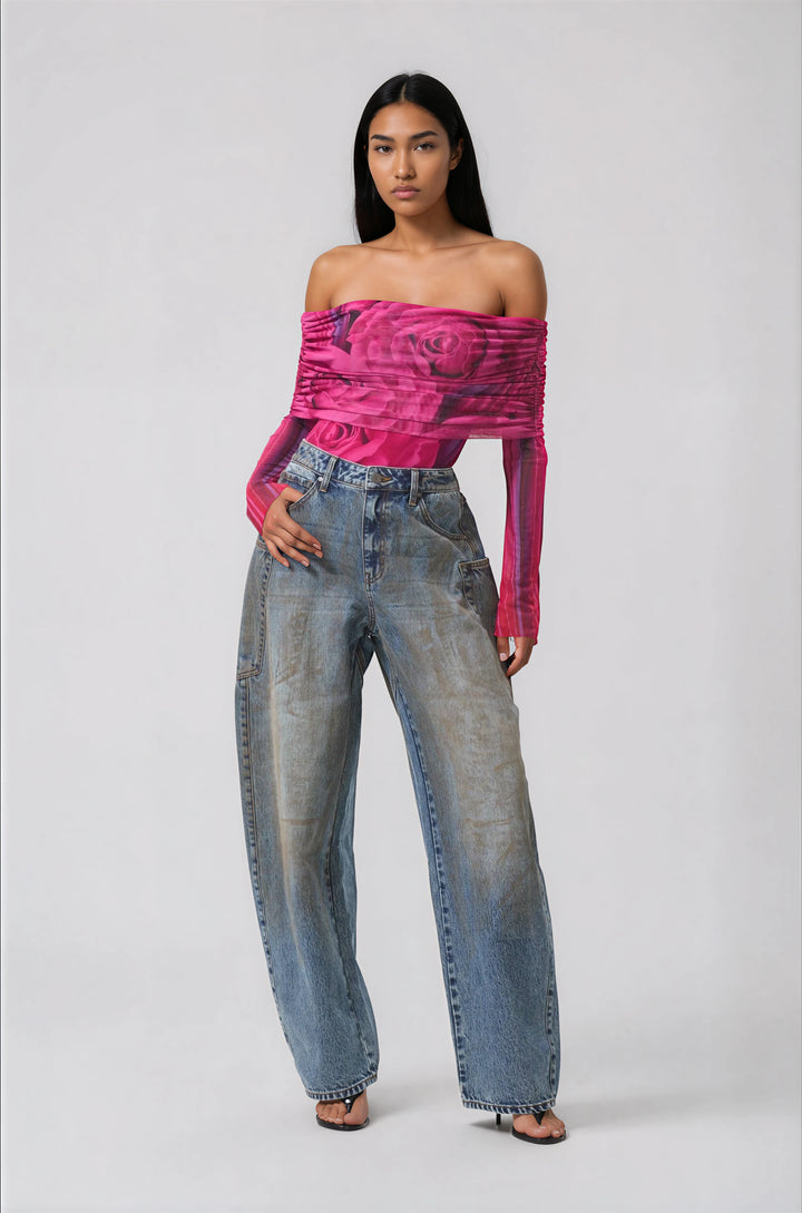 pink floral off shoulder long sleeve bodysuit