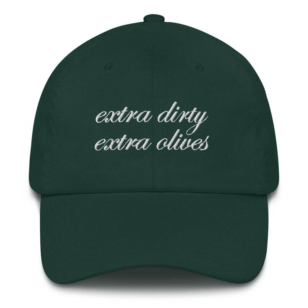 Green cap with 'extra dirty extra olives' text on a white background